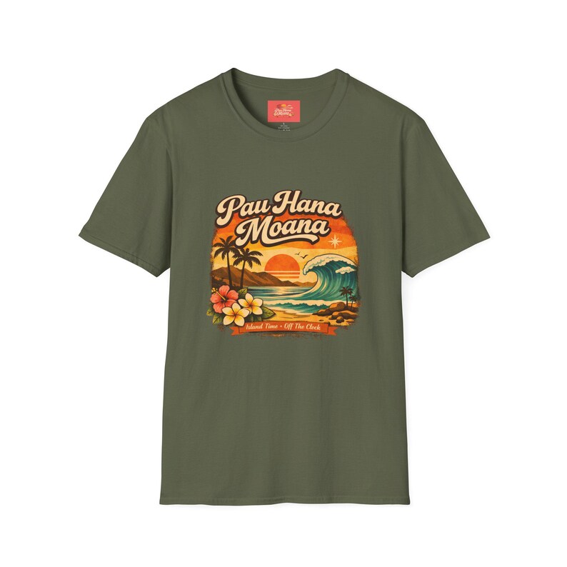 Pau Hana Moana Sonnenuntergang Surfer Szene T-Shirt | Hawaiianische Palmen, Wellen, Plumeria Bild 6