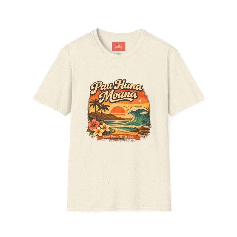 Pau Hana Moana Sonnenuntergang Surfer Szene T-Shirt | Hawaiianische Palmen, Wellen, Plumeria Bild 5