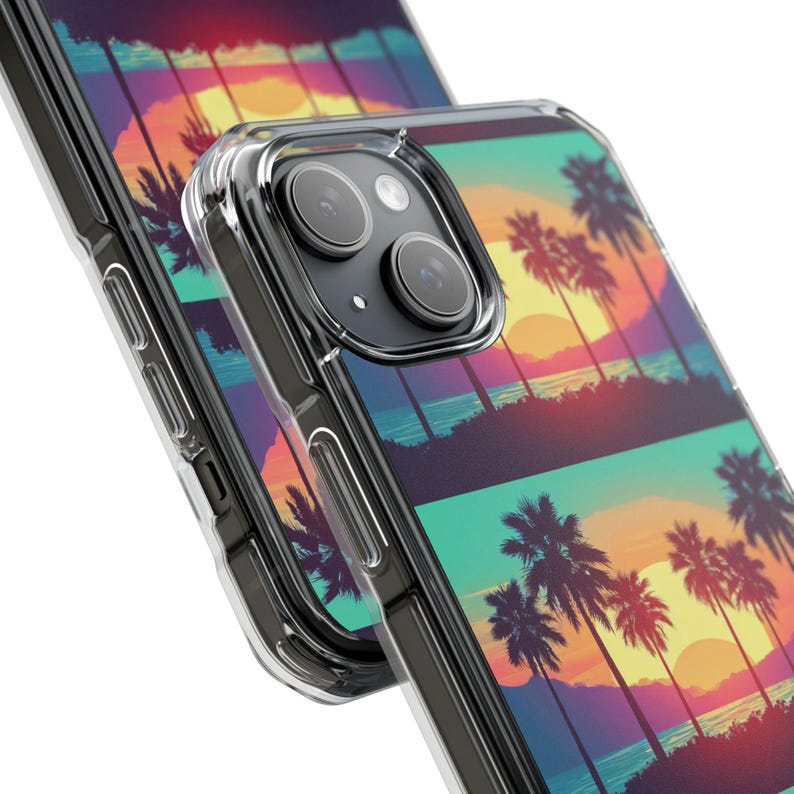 Retro Sunset Palm Trees iPhone Case | Clear Magnetic Impact Case image 15