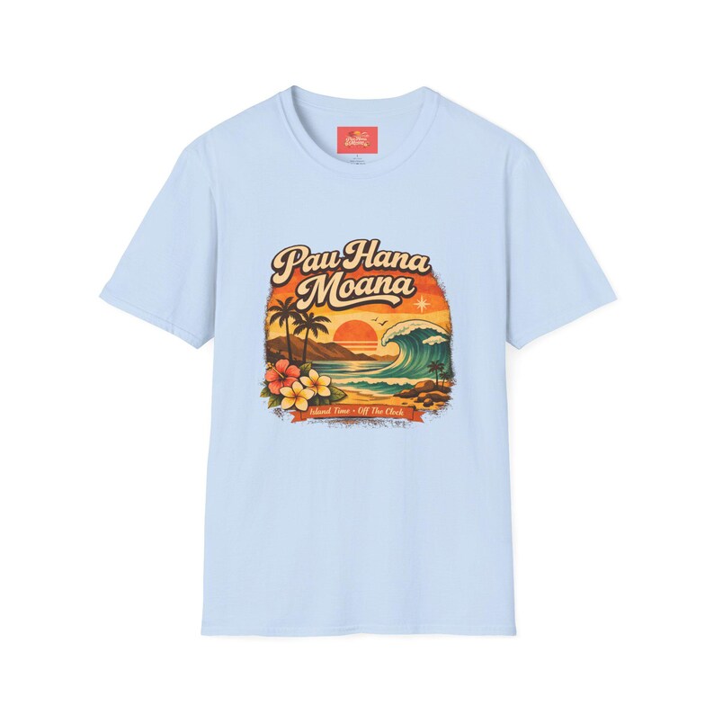 Pau Hana Moana Sonnenuntergang Surfer Szene T-Shirt | Hawaiianische Palmen, Wellen, Plumeria Bild 8