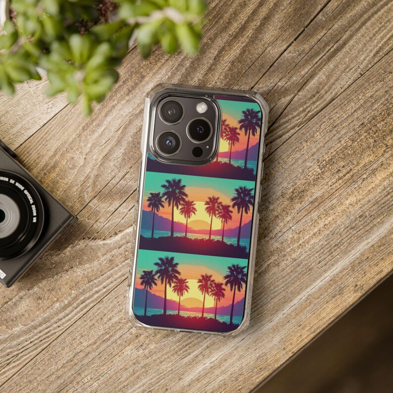Retro Sunset Palm Trees iPhone Case | Clear Magnetic Impact Case image 12