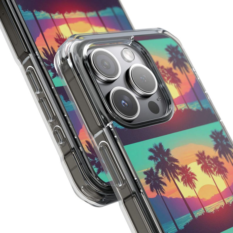 Retro Sunset Palm Trees iPhone Case | Clear Magnetic Impact Case image 9