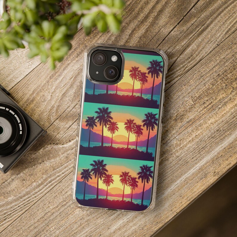 Retro Sunset Palm Trees iPhone Case | Clear Magnetic Impact Case image 18