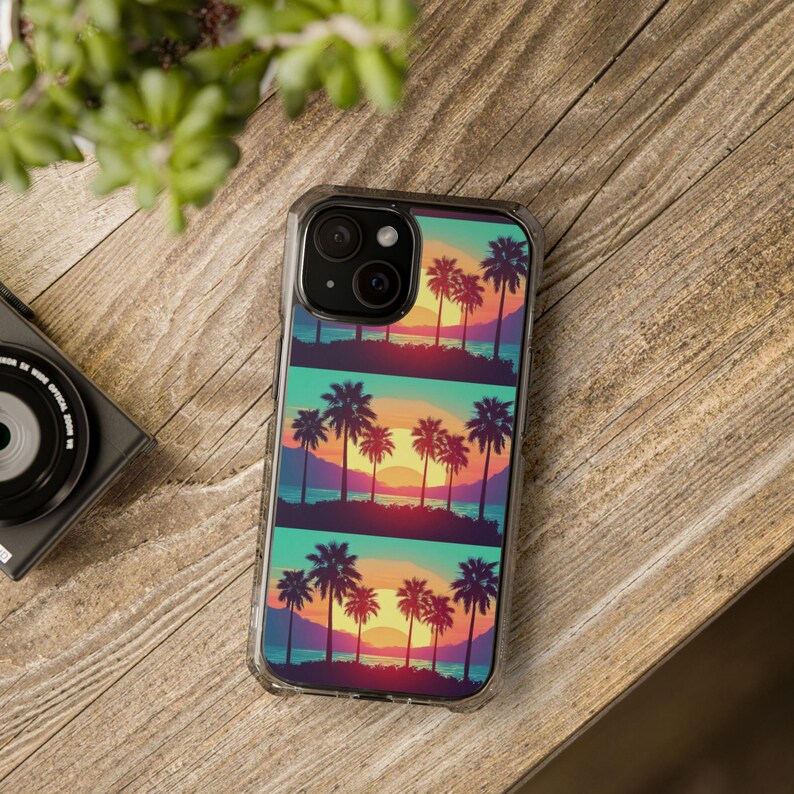 Retro Sunset Palm Trees iPhone Case | Clear Magnetic Impact Case image 6