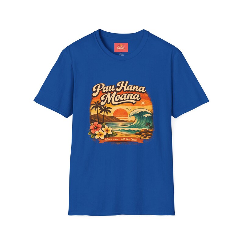 Pau Hana Moana Sonnenuntergang Surfer Szene T-Shirt | Hawaiianische Palmen, Wellen, Plumeria Bild 9