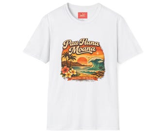 Pau Hana Moana sunset surf scene T-Shirt | Hawaiian palm trees, waves, plumeria