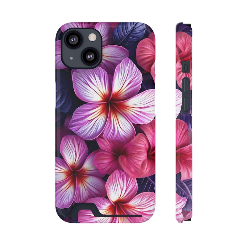 Funda para teléfono con estampado floral de plumeria rosa y tarjetero / Ranura para tarjeta con diseño de flor tropical imagen 7