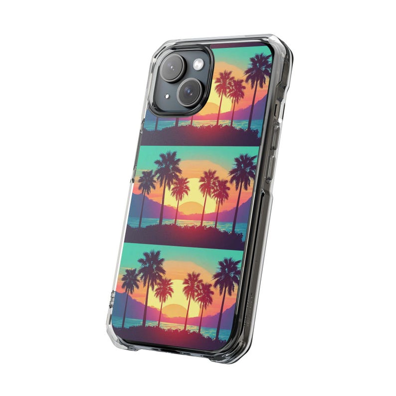Retro Sunset Palm Trees iPhone Case | Clear Magnetic Impact Case image 2