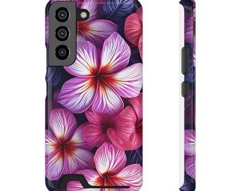 Pink Plumeria Floral Phone Case with Card Holder | Tropical Flower Card Slot