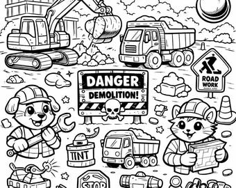 Construction Coloring Page • Kids Printable • Builder Animals & Trucks • Instant Download