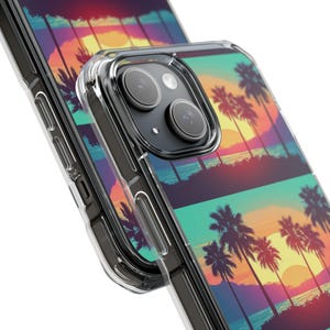 Retro Sunset Palm Trees iPhone Case | Clear Magnetic Impact Case image 3