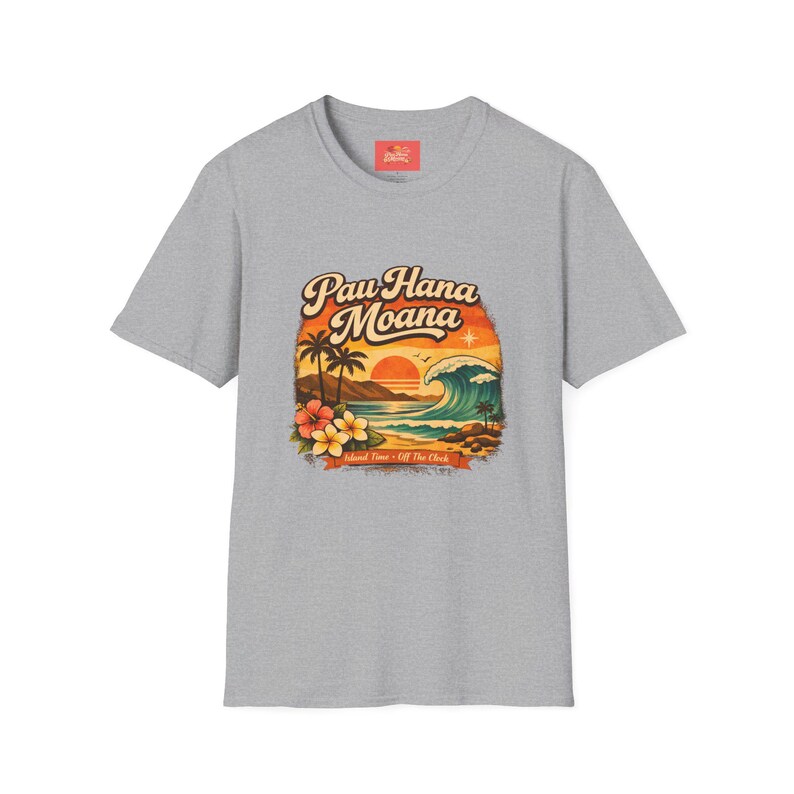 Pau Hana Moana Sonnenuntergang Surfer Szene T-Shirt | Hawaiianische Palmen, Wellen, Plumeria Bild 3