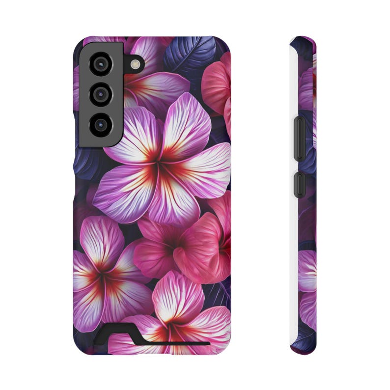 Funda para teléfono con estampado floral de plumeria rosa y tarjetero / Ranura para tarjeta con diseño de flor tropical imagen 2