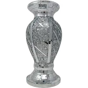May include: A decorative vase covered in small, reflective silver mirror tiles. The body features diagonal bands of mirror tiles interspersed with sections of silver glitter and embedded circular clear crystals, creating a textured, shimmering surface.