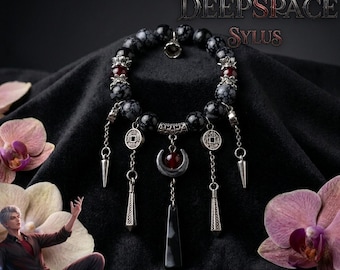 Braccialetto con nappina nera e perline a forma di luna, stile etnico vintage, ispirato a Sylus Onychinus Leader di Love and Deepspace, accessorio di gioielleria vintage per appassionati di videogiochi, regalo per donne.
