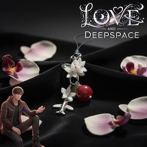 May include: A pendant necklace featuring white flower charms, a red bead, and a small silver airplane charm. The necklace hangs from a black cord. The image also includes the text "Love and Deepspace".