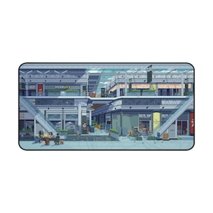 May include: A rectangular pixel art mousepad depicting a shopping mall interior. The design includes escalators, storefronts, and the text "VADERWAY" and "BRUTAL SHOP". The colour palette is primarily cool tones.