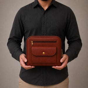 Puede incluir: Un bolso rectangular de cuero marrón que presenta un bolsillo superior horizontal con cremallera y un bolsillo central con solapa asegurado con un botón a presión de color latón. El bolso tiene un diseño estructurado con costuras visibles y cierre lateral.