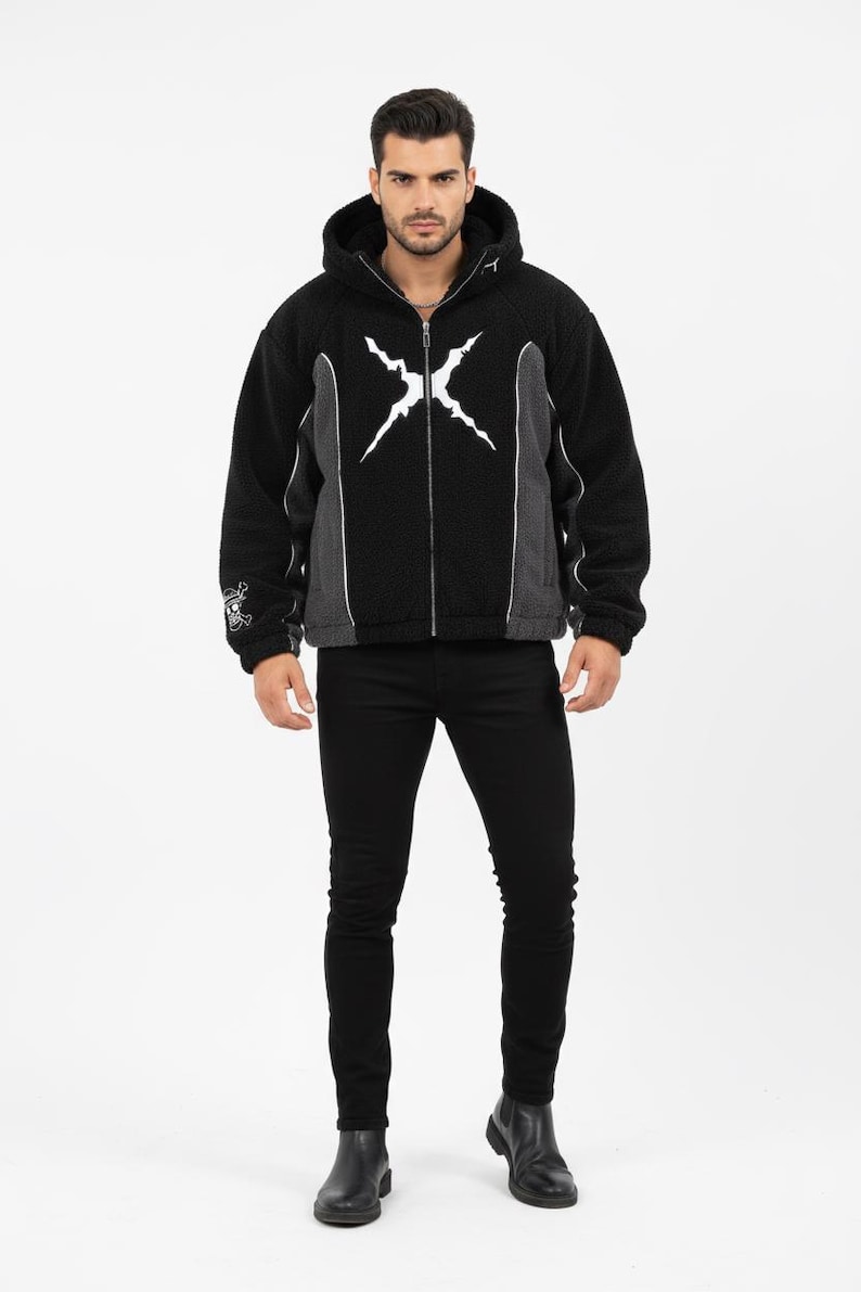 One Piece Luffy Black Fleece Bomber Jacket – Straw Hat Embroidered Streetwear image 7