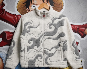 One Piece Luffy Inspired White Sherpa Fleece Jacket – Streetwear Wave Design