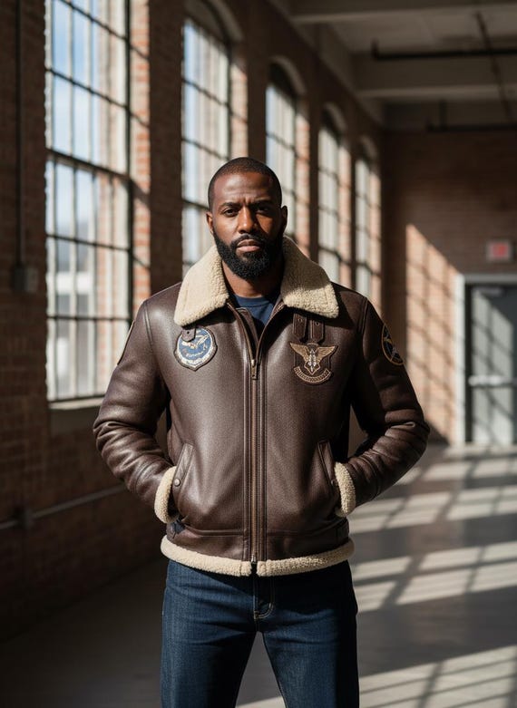 Brown Sheep Leather Bomber Jacket – Sherpa Collar Aviator with Mystic Patch Streetwear