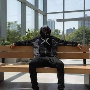 May include: A person wearing a black and grey hooded jacket with a white graphic design, black trousers, and black shoes, sitting on a wooden bench. The jacket has a zip and a hood that covers the head. The background includes large windows and a view of buildings.