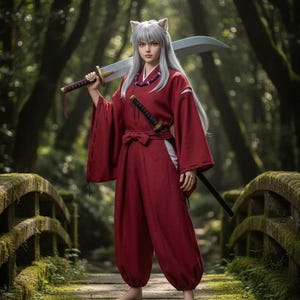 Inuyasha Cosplay Kimono, Feudal Anime Costume, Fire Rat Robe Hakama Set, Half-Demon Outfit