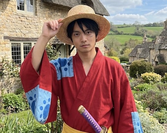 One Piece Luffy Wano Arc Kimono Robe Cosplay –  Cotton, Yellow Obi, Straw Hat
