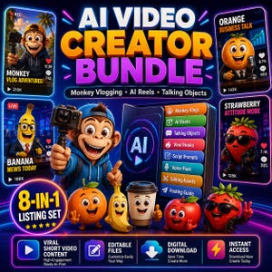 May include: An AI Video Creator Bundle digital product display featuring a central cartoon monkey holding a camera, surrounded by animated fruit characters like an orange, banana, apple, and strawberry, with text overlays including AI Video Creator Bundle.