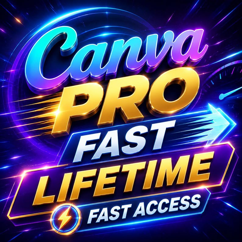 May include: A digital graphic featuring the text Canva PRO in blue and gold, followed by the words FAST and LIFETIME in bold gold lettering on a dark background with neon blue and purple light streaks and a small yellow lightning bolt icon.