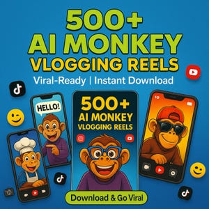 Puede incluir: Gráfico promocional con fondo azul que muestra "500+ AI MONKEY VLOGGING REELS" en verde y amarillo. Varios smartphones muestran monos de dibujos animados, el texto "Viral-Ready | Instant Download" e iconos de redes sociales.