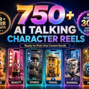 Peut inclure: Un ensemble numérique intitulé 750+ AI TALKING CHARACTER REELS avec un bonus de 300 HOOK SCRIPTS. Le graphique affiche six écrans de smartphone présentant des personnages animés : un croissant, un rouge à lèvres, un haltère, une valise, une tasse et un bol.
