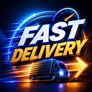 May include: A graphic design featuring the text FAST DELIVERY in bold white and gold 3D lettering. A dark blue delivery truck is positioned below the text, surrounded by glowing blue and orange motion lines and a circular speedometer icon.