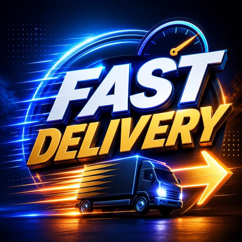 May include: A graphic design featuring the text FAST DELIVERY in bold white and gold 3D lettering. A dark blue delivery truck is positioned below the text, surrounded by glowing blue and orange motion lines and a circular speedometer icon.