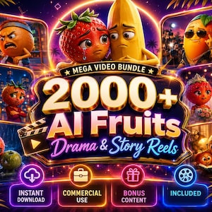 Paquete de más de 2000 videos cortos virales con animación de frutas, clips animados de frutas, descarga digital para uso comercial.