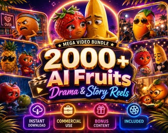 2000+ AI Fruit Drama & Story Reels Bundle, Viral Short Videos, Animated Fruit Clips, Commercial Use Digital Download