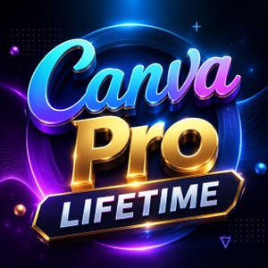 May include: A digital graphic featuring the text Canva Pro in a bold, three-dimensional blue and purple gradient font, positioned above the word LIFETIME in white capital letters on a dark, glowing, circular background with light accents.