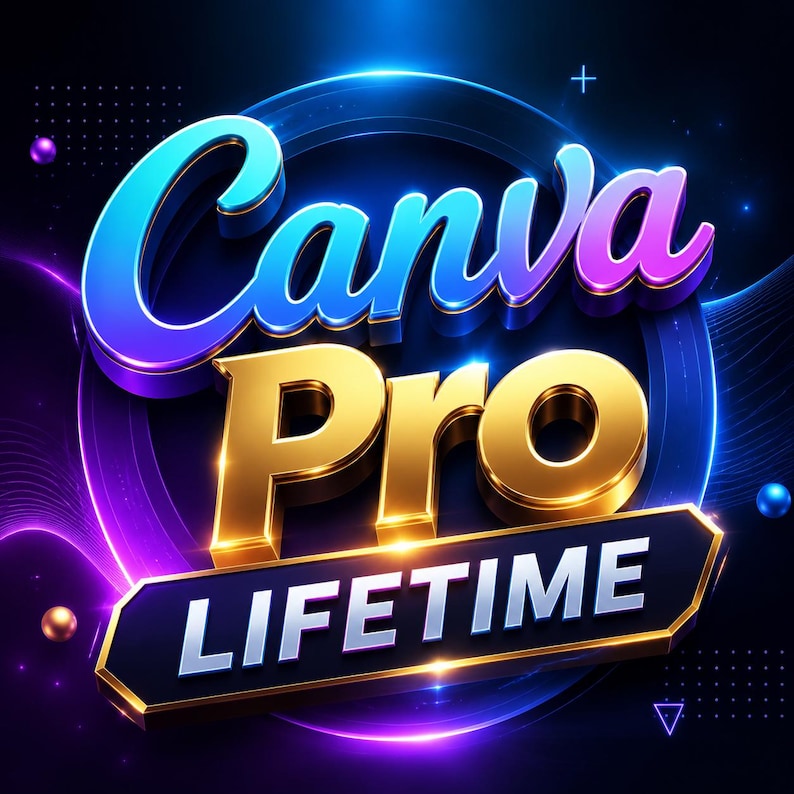 May include: A digital graphic featuring the text Canva Pro in a bold, three-dimensional blue and purple gradient font, positioned above the word LIFETIME in white capital letters on a dark, glowing, circular background with light accents.