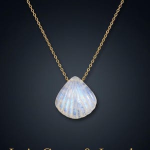 May include: A gold chain necklace featuring a shell-shaped pendant with a pearlescent finish. The pendant has a carved texture and displays iridescent blue and white colours. The necklace is set against a dark blue backdrop.