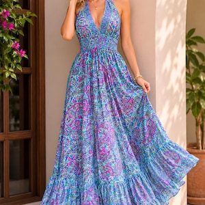 blue paisley halter dress Handmade Blue Paisley Maxi Dress: Bohemian Halter Slit Dress