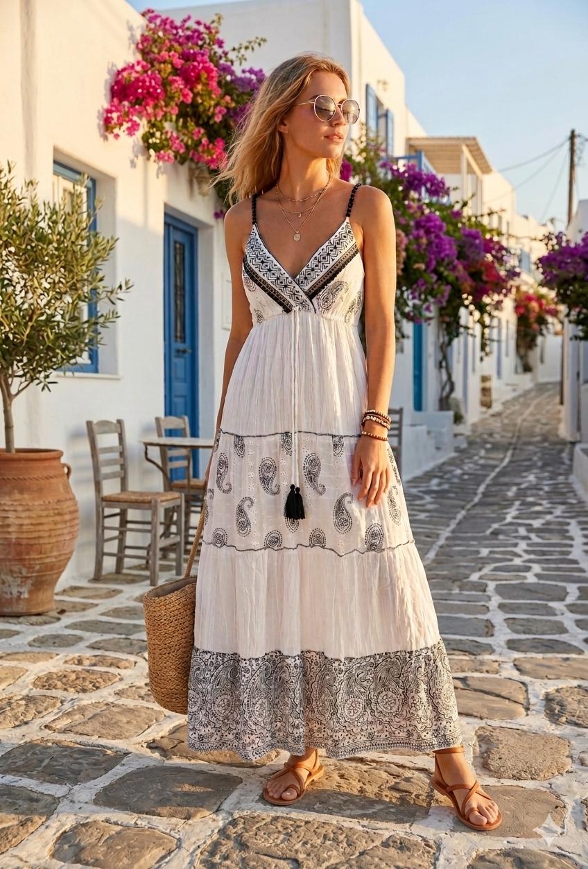 black and white boho dress White Dress, Mandala Print Beach Sundress, Bohemian Vacation Dress, Handkerchief Hem Maxi Women Black lace dress