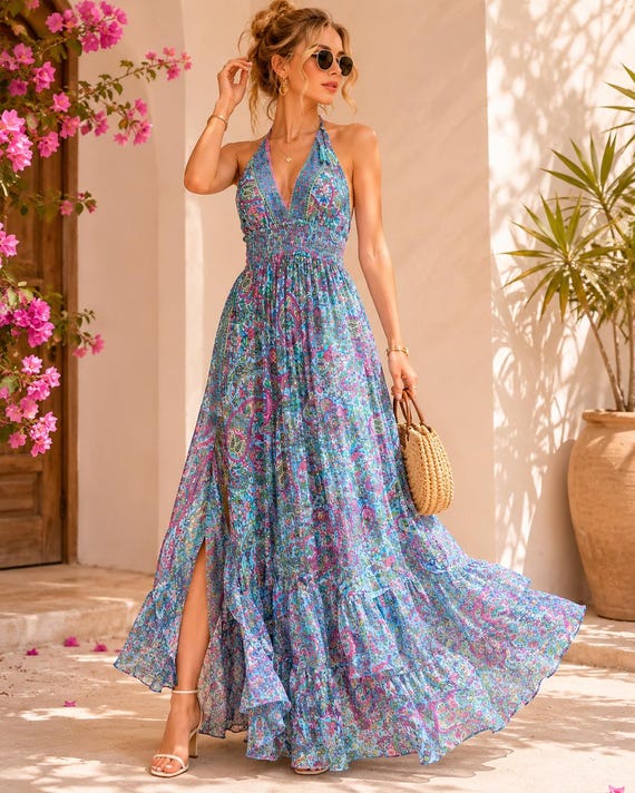 Boho Paisley Halter Silk Maxi Dress for Women, Backless Summer Beach Dress, Bohemian Vacation Resort Wear