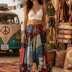 Puede incluir: Un top corto sin mangas de color blanco con escote en V combinado con pantalones tipo harén holgados de cintura alta con un diseño de patchwork multicolor en tonos rojos, azules y blancos con varios patrones florales y geométricos y un cordón.