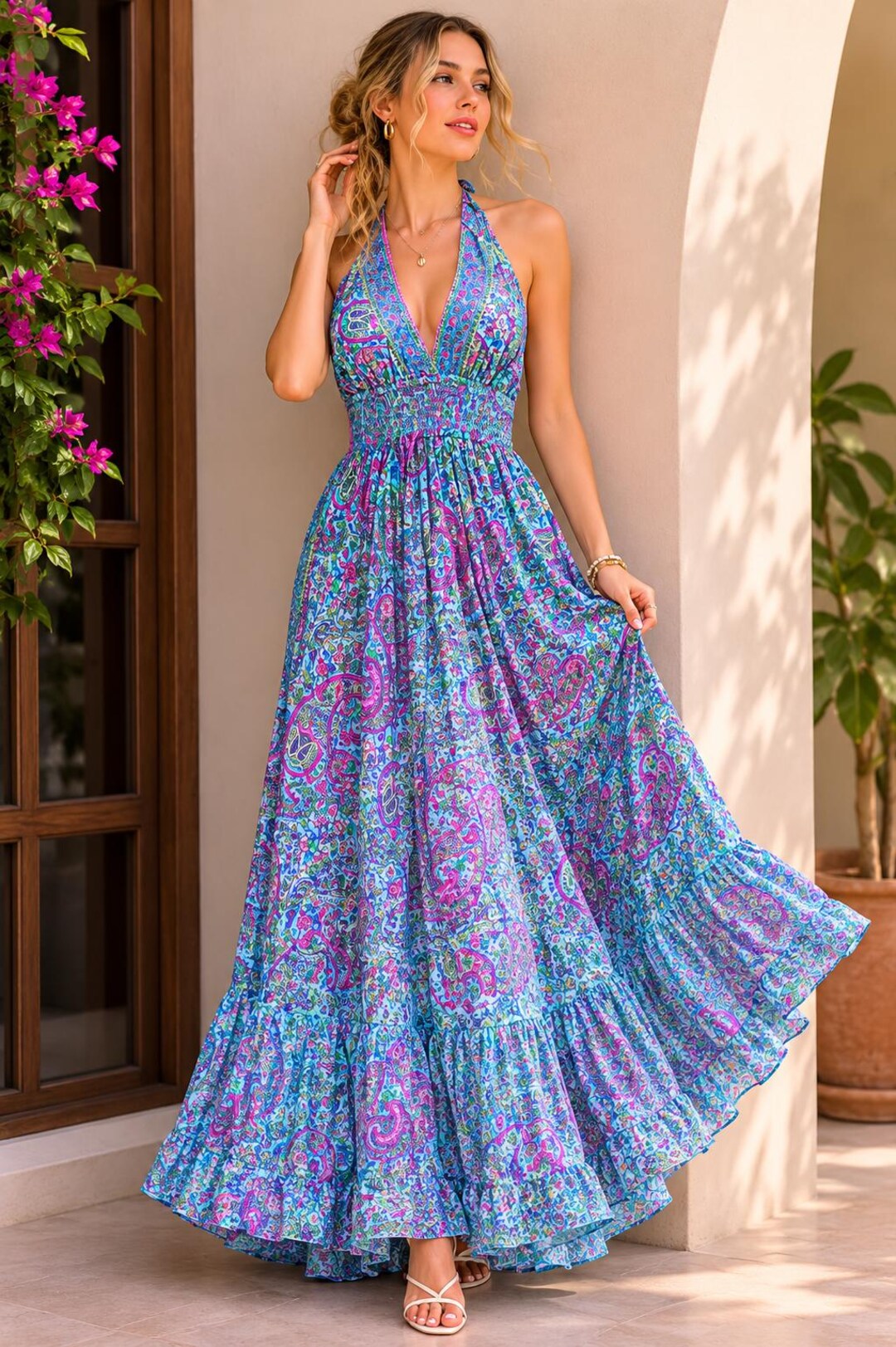 paisley border print effortless boho maxi dress forever paisley reviews Halter Silk for Women, Backless Summer Beach Dress, Bohemian Vacation Resort Wear Size:X-Small (0-2) this maxi dress features LaunchWeek_32_2026 Remembering Marilyn Monroe's Most