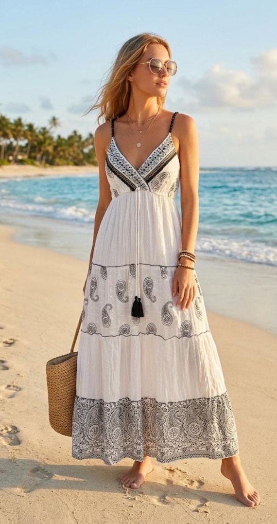 black and white boho dress White Dress, Mandala Print Beach Sundress, Bohemian Vacation Dress, Handkerchief Hem Maxi Women Black Lace Maxi Dress
