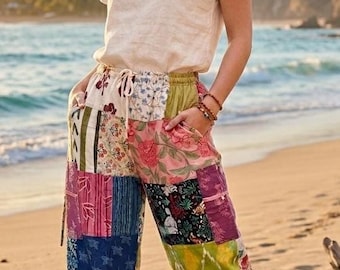 Pijama harem de patchwork bohemio multicolor, pantalón hippie de algodón para mujer, pantalón de yoga para festivales, pantalón bohemio de patchwork para vacaciones en la playa.