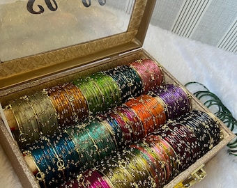 Personalized Wedding Bangle Set – 15 Shades Glass, 36 Kashmiri Ghungroo Bangles, Vanity Box