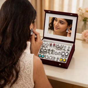 May include: A dark maroon velvet jewelry box with a hinged lid containing an integrated mirror and multiple white cushioned slots. The interior displays an assortment of silver-toned earrings featuring various shapes, intricate metalwork, and colorful accents.