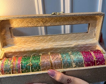 Personalized Kashmiri Bangle Set | 72 Pcs Indian Glass Bangles, Custom Name Box