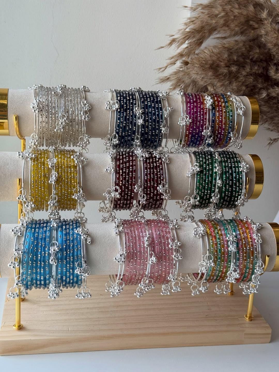Kashmiri Churi Set: 18pc Rainbow Glass Bangles With Silver